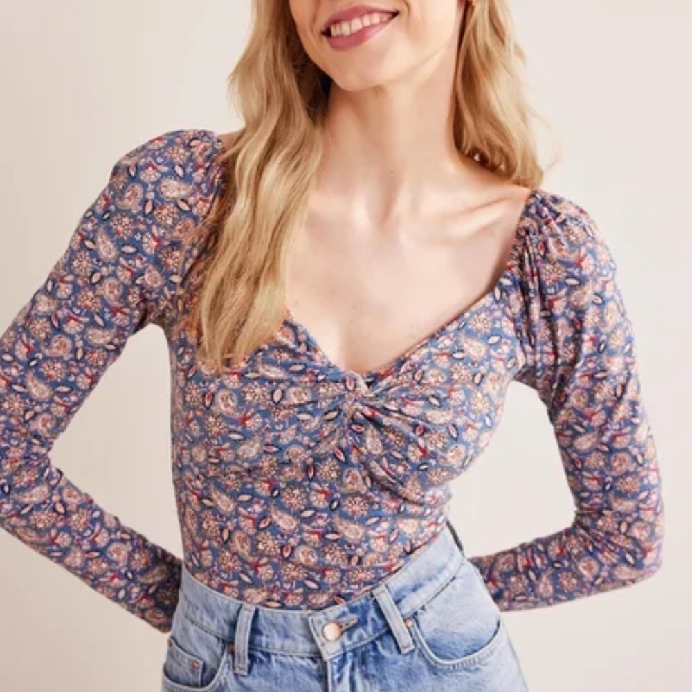 NWT Boden Sweetheart Jersey Top in True Navy, Paisley Terrace